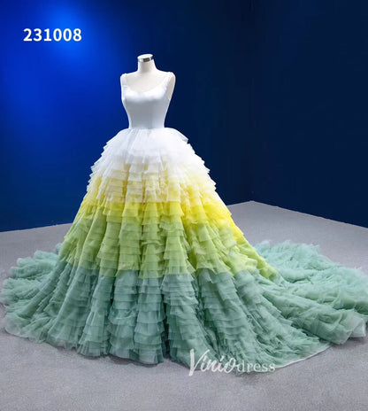 Light Green Yellow Gradient Ruffle Wedding Dress Layered Ball Gowns 231008-prom dresses 2025 -Viniodress-Light Green-Custom Size-