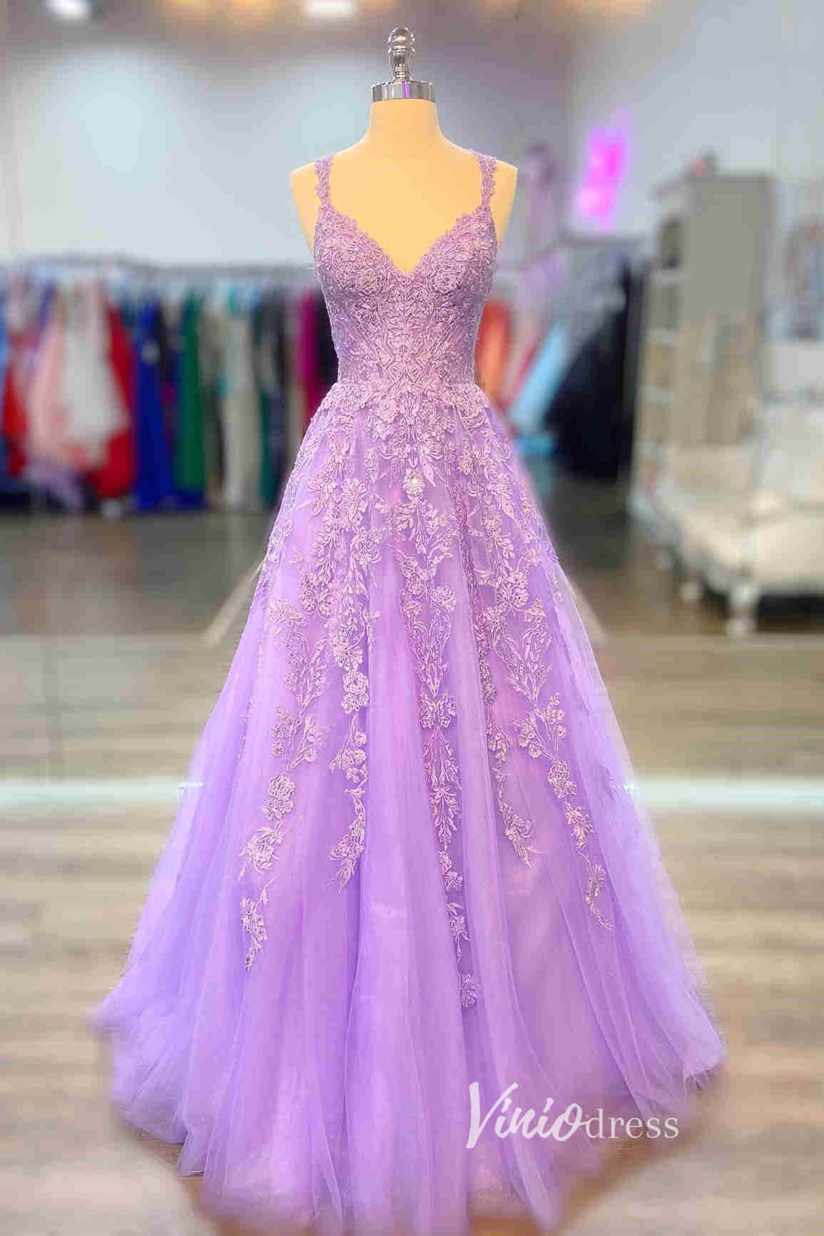 Lilac Lace Applique Prom Dresses Spaghetti Strap Formal Gown FD3369-prom dresses-Viniodress-Lilac-Custom Size-Viniodress