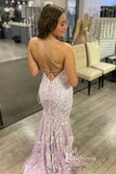 Lilac Lace Applique Prom Dresses with Slit Spaghetti Strap Mermaid Evening Dress FD3386-prom dresses-Viniodress-Viniodress