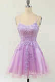 Lilac Lace Appliqued Homecoming Dresses Spaghetti Strap Graduation Dress SD1548