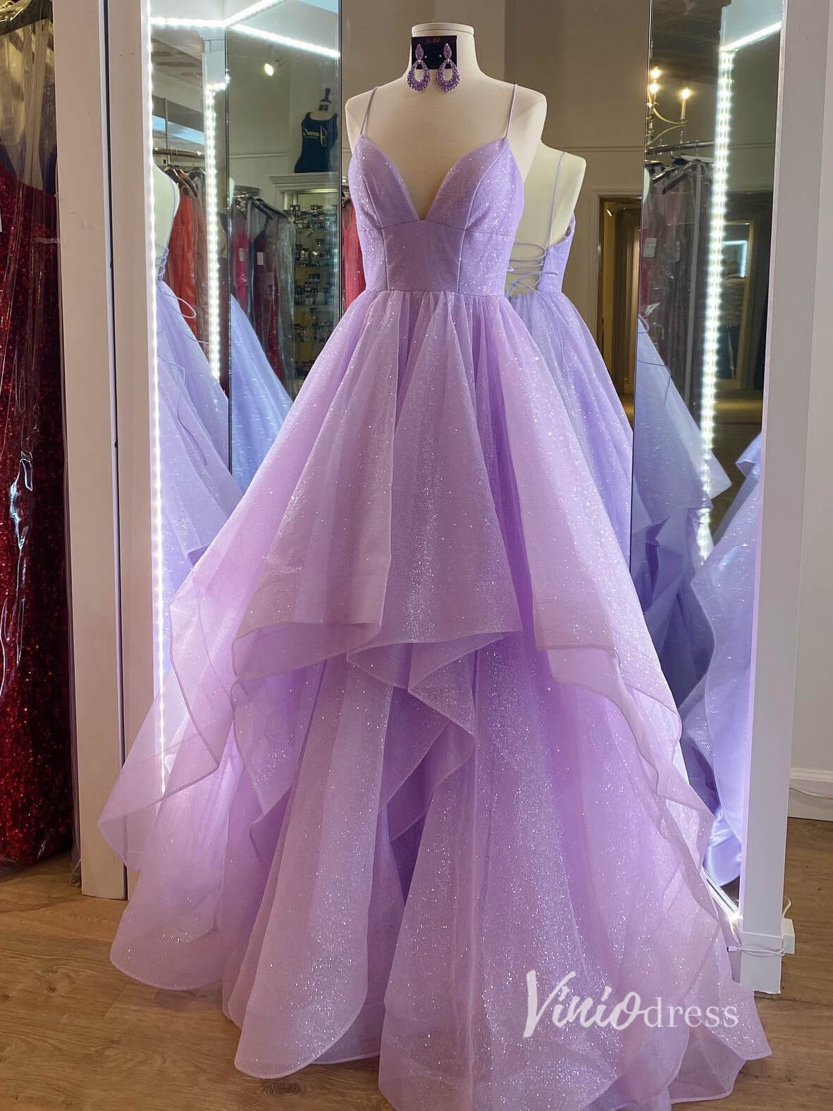 Lilac Layered Ruffle Prom Dresses Spaghetti Strap Evening Dress FD2927A-prom dresses-Viniodress-Viniodress