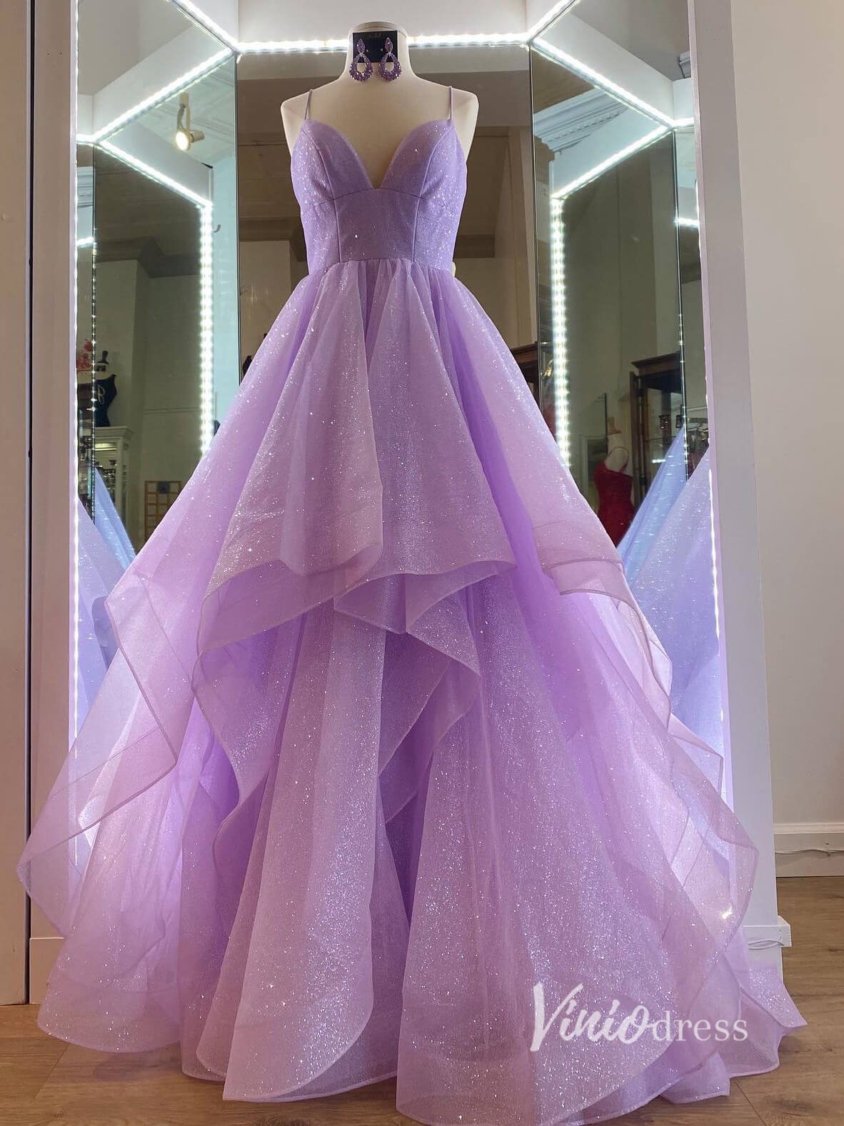 Lilac Layered Ruffle Prom Dresses Spaghetti Strap Evening Dress FD2927A-prom dresses-Viniodress-Lilac-Custom Size-Viniodress