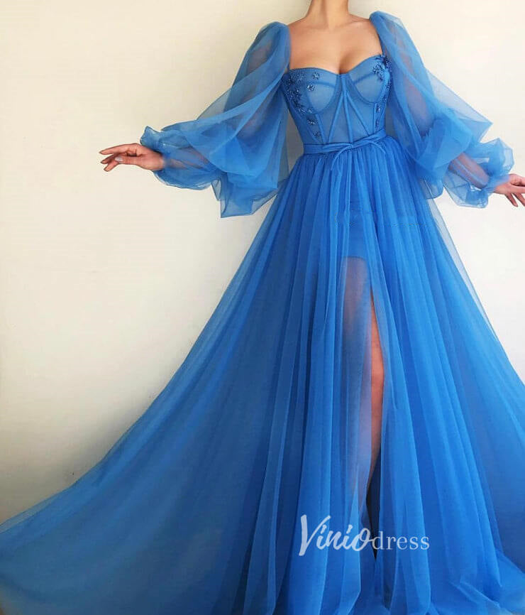 Long Puff Sleeve Blue Formal Dress A-line Tulle Prom Dresses FD2780-prom dresses-Viniodress-Blue-Custom Size-Viniodress