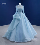 Long Sleeve Baby Blue Ball Gown High Neck Beaded Prom Dress 67392 viniodress-Quinceanera Dresses-Viniodress-Viniodress