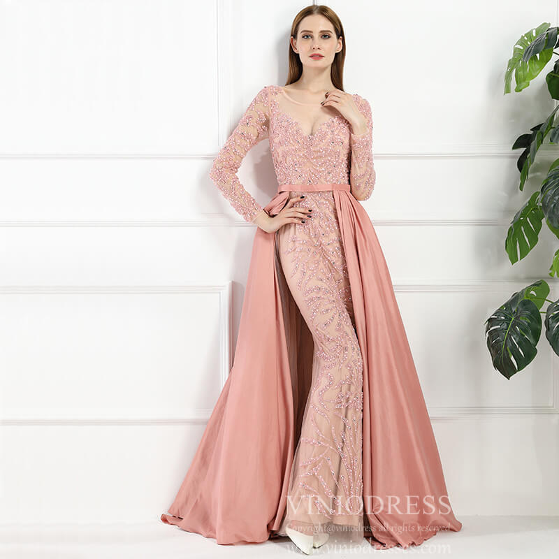 Long Sleeve Beaded Formal Dress Overskirt Prom Dresses FD2859-prom dresses-Viniodress-Pink-US 2-Viniodress