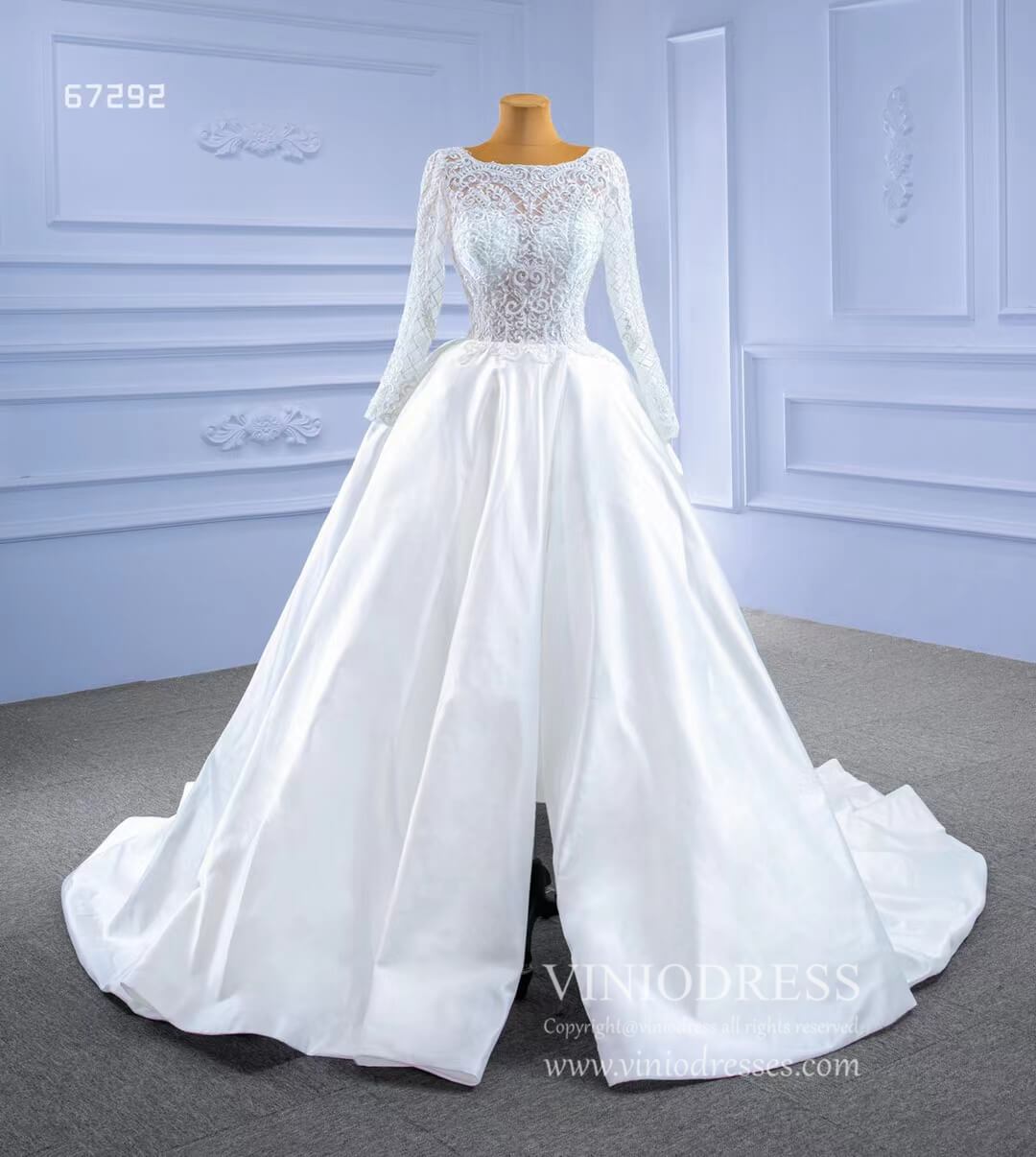 Long Sleeve Beaded Satin Wedding Dresses with Slit 67292-wedding dresses-Viniodress-Viniodress