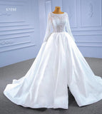 Long Sleeve Beaded Satin Wedding Dresses with Slit 67292-wedding dresses-Viniodress-Viniodress