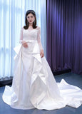 Long Sleeve Beaded Wedding Dresses with Satin Overskirt Detachable 67322