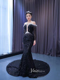 Long Sleeve Black Wedding Dresses Beaded Pageant Dress 222186