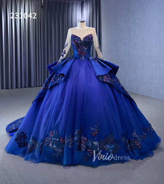 Long Sleeve Blue Ball Gown Wedding Dresses 231042 - Viniodresswedding dressesBlueCustom Size - Formal Dresses - Ball Gowns