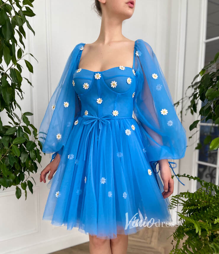 Long Sleeve Blue Homecoming Dress Daisy Dress with Pockets FD2775-prom dresses-Viniodress-Blue-Custom Size-Viniodress