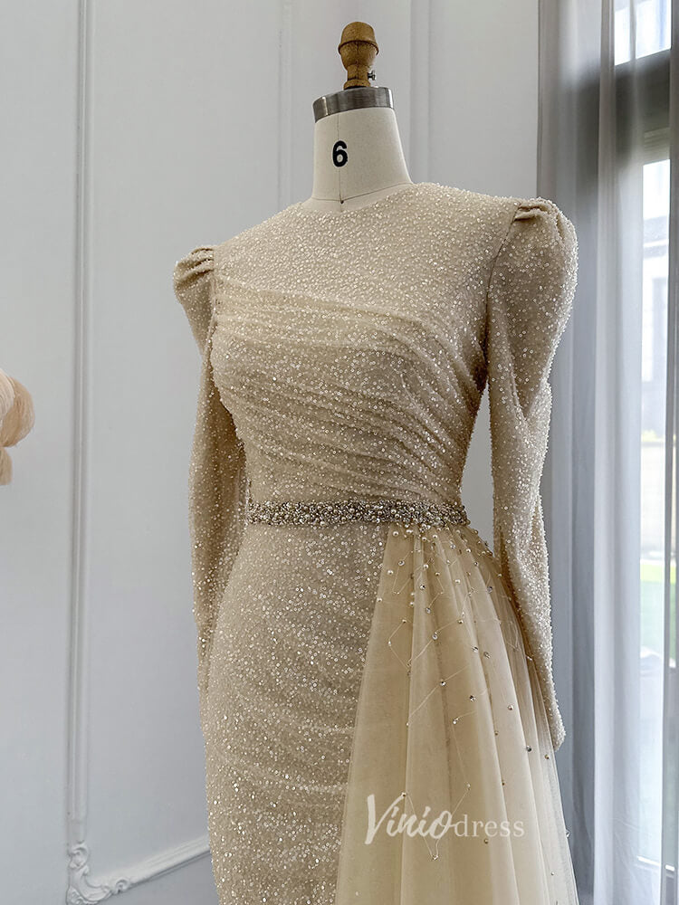 Long Sleeve Champagne Lace Evening Dress Beaded Sequin Overskirt Prom Dress 20092-prom dresses-Viniodress-Viniodress