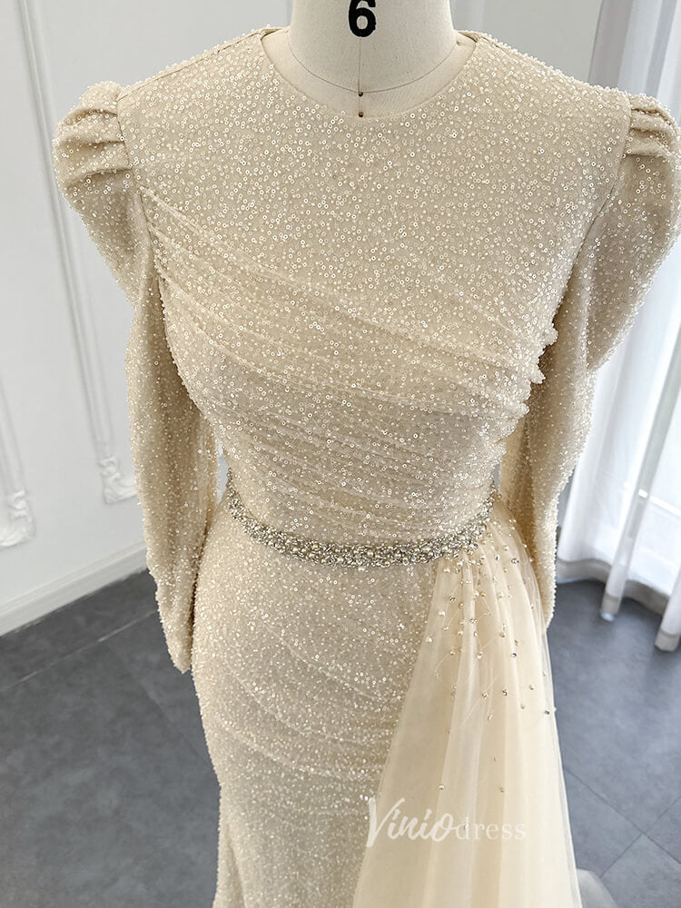 Long Sleeve Champagne Lace Evening Dress Beaded Sequin Overskirt Prom Dress 20092-prom dresses-Viniodress-Viniodress