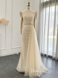 Long Sleeve Champagne Lace Evening Dress Beaded Sequin Overskirt Prom Dress 20092