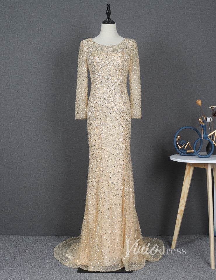 Long Sleeve Champagne Prom Dresses Sparkly 20's Formal Dress FD2494-prom dresses-Viniodress-Viniodress