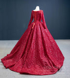 Long Sleeve Dark Red Ball Gown Prom Dresses Sparkly Quinceanera Dress 67121 viniodress-Quinceanera Dresses-Viniodress-Viniodress