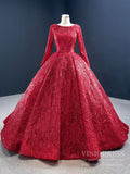 Long Sleeve Dark Red Ball Gown Prom Dresses Sparkly Quinceanera Dress 67121 viniodress