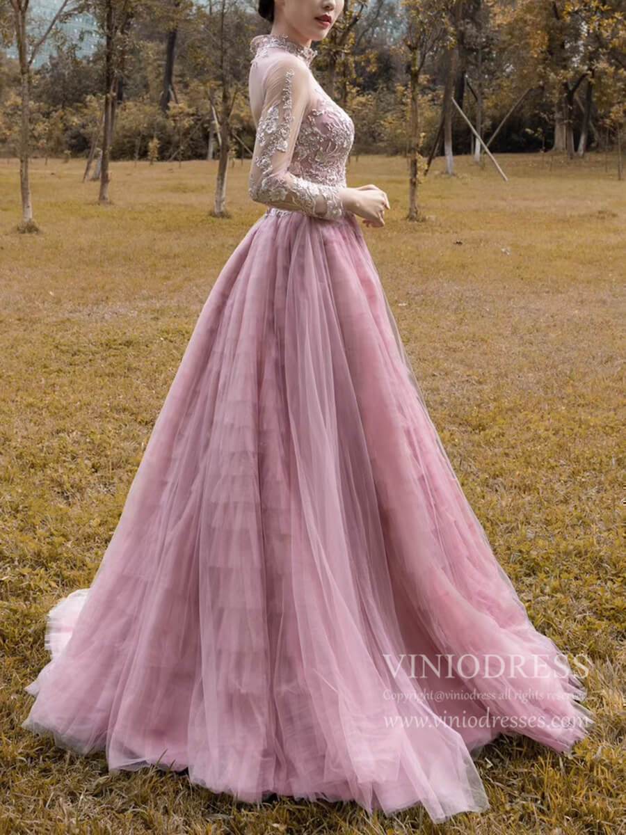 Long Sleeve Dusty Rose Layered Prom Dresses High Neck Couture Dress FD1960-prom dresses-Viniodress-As Picture-Custom Size-Viniodress