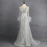 Long Sleeve Feather Silver Prom Dresses Sheath Evening Dress FD2607-Prom Dresses-VINIODRESS-Viniodress