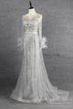Long Sleeve Feather Silver Prom Dresses Sheath Evening Dress FD2607