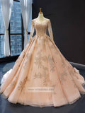 Long Sleeve Gold Ball Gown Prom Dresses Sparkly Lace Princess Dress FD1246 viniodress