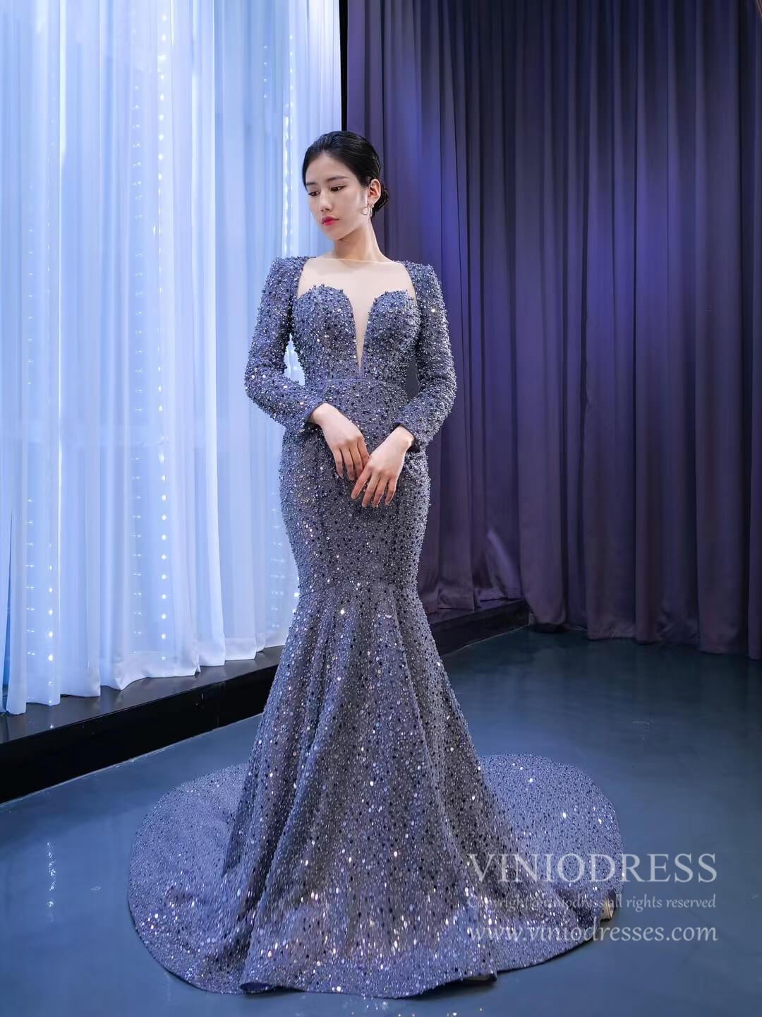 Long Sleeve Gray Mermaid Beaded Prom Dresses with Court Train FD2597 viniodress-prom dresses-Viniodress-Grey-Custom Size-Viniodress