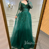 Long Sleeve Green Feather Prom Dresses Beaded Blue Evening Gowns 20004-prom dresses-Viniodress-Viniodress