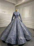 Long Sleeve Grey High Neck Ball Gown Wedding Dress 66591 Beaded Lace
