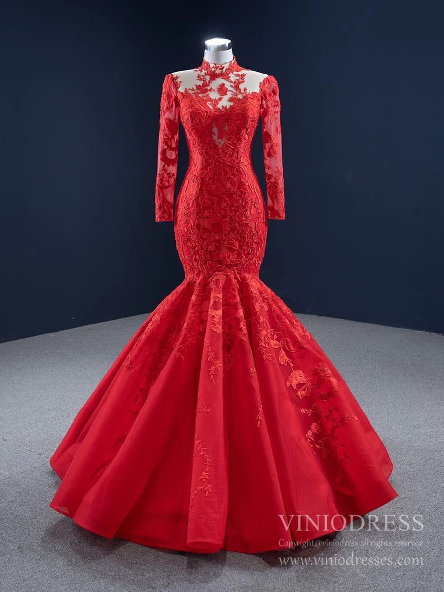 Long Sleeve High Neck Lace Mermaid Prom Dresses FD2453 viniodress-prom dresses-Viniodress-Red-Custom Size-Viniodress