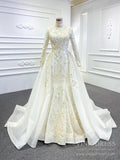 Long Sleeve High Neck Mermaid Wedding Dresses with Detachable Skirt 67156