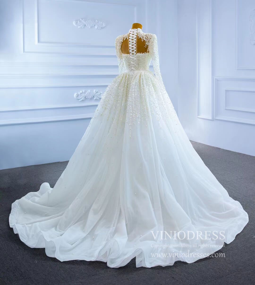Long Sleeve High Neck Pearl Wedding Dresses with Overskirt VW2029-wedding dresses 2025 -Viniodress-As Picture-Custom Size-