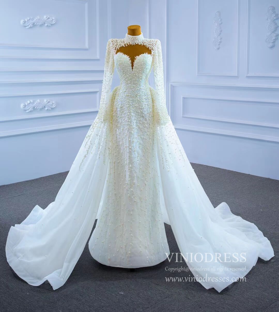 Long Sleeve High Neck Pearl Wedding Dresses with Overskirt VW2029-wedding dresses 2025 -Viniodress-As Picture-Custom Size-