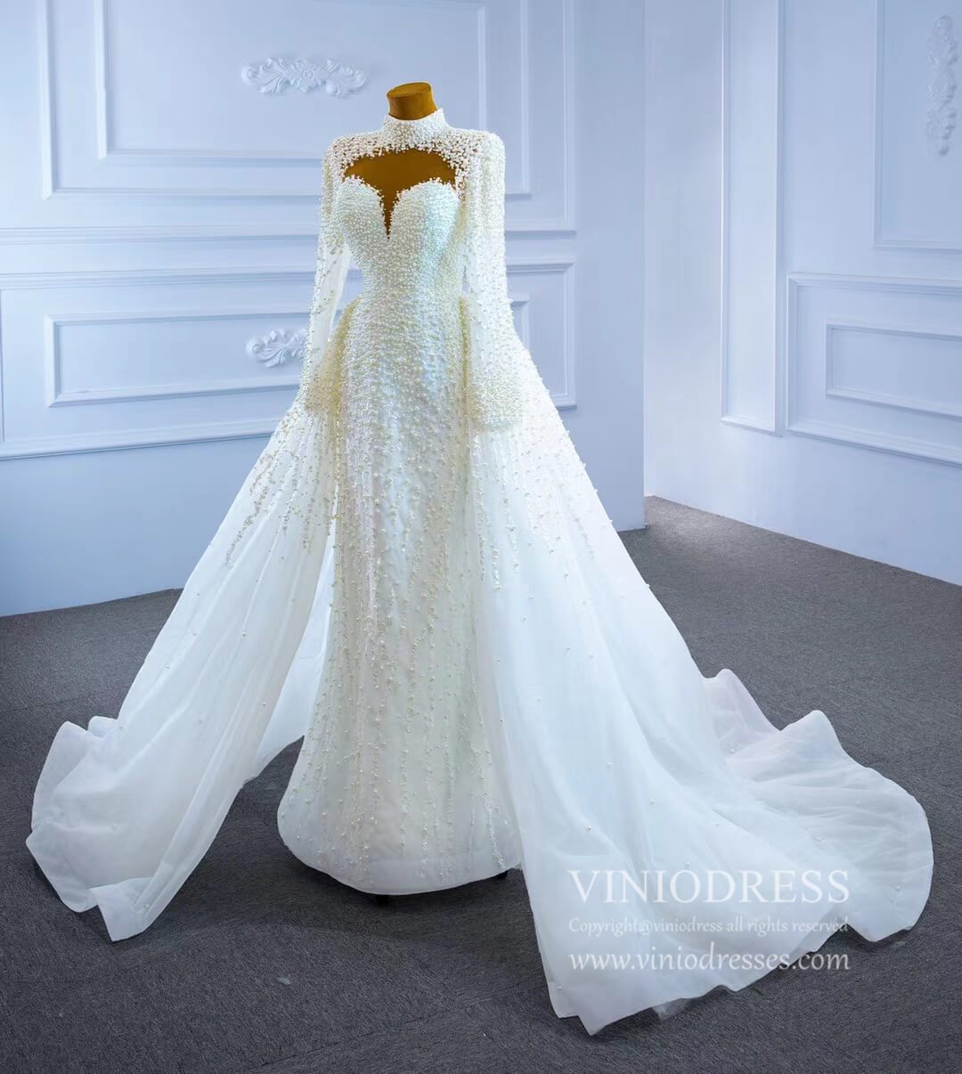 Long Sleeve High Neck Pearl Wedding Dresses with Overskirt VW2029-wedding dresses 2025 -Viniodress-As Picture-Custom Size-