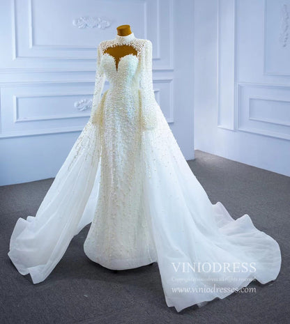 Long Sleeve High Neck Pearl Wedding Dresses with Overskirt VW2029-wedding dresses 2025 -Viniodress-As Picture-Custom Size-