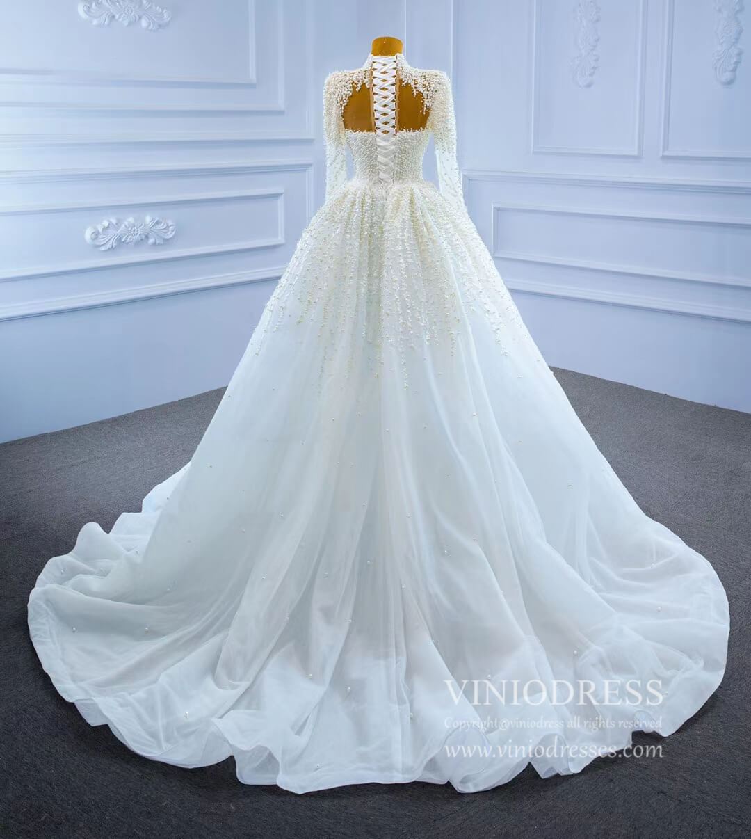 Long Sleeve High Neck Pearl Wedding Dresses with Overskirt VW2029-wedding dresses 2025 -Viniodress-As Picture-Custom Size-