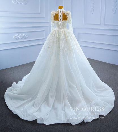 Long Sleeve High Neck Pearl Wedding Dresses with Overskirt VW2029-wedding dresses 2025 -Viniodress-As Picture-Custom Size-