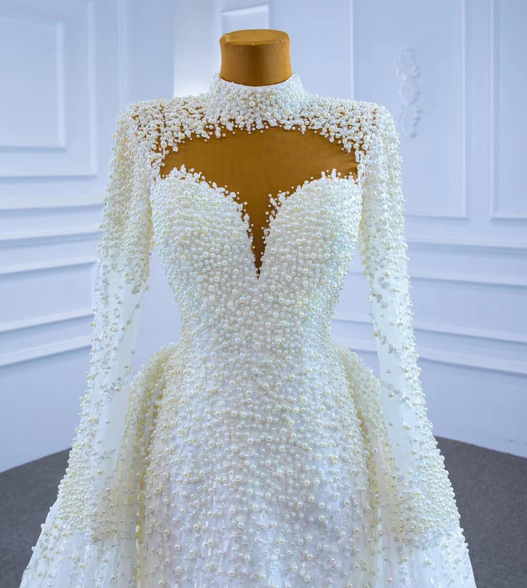 Long Sleeve High Neck Pearl Wedding Dresses with Overskirt VW2029-wedding dresses 2025 -Viniodress-As Picture-Custom Size-