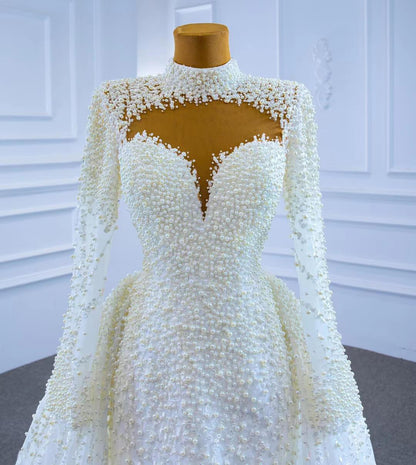 Long Sleeve High Neck Pearl Wedding Dresses with Overskirt VW2029-wedding dresses 2025 -Viniodress-As Picture-Custom Size-