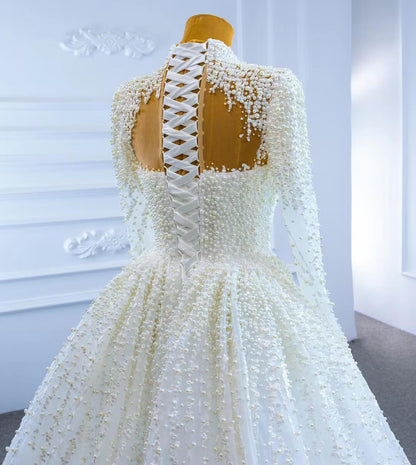 Long Sleeve High Neck Pearl Wedding Dresses with Overskirt VW2029-wedding dresses 2025 -Viniodress-As Picture-Custom Size-