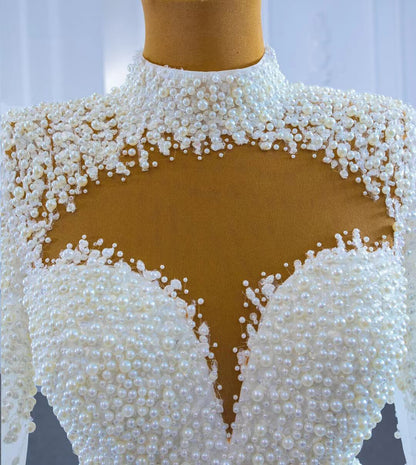 Long Sleeve High Neck Pearl Wedding Dresses with Overskirt VW2029-wedding dresses 2025 -Viniodress-As Picture-Custom Size-