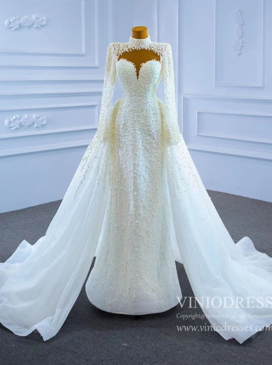 Long Sleeve High Neck Pearl Wedding Dresses with Overskirt VW2029-wedding dresses 2025 -Viniodress-As Picture-Custom Size-