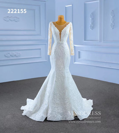 Long Sleeve Lace Mermaid Wedding Dresses 222155-wedding dresses 2025 -Viniodress-Ivory-Custom Size-
