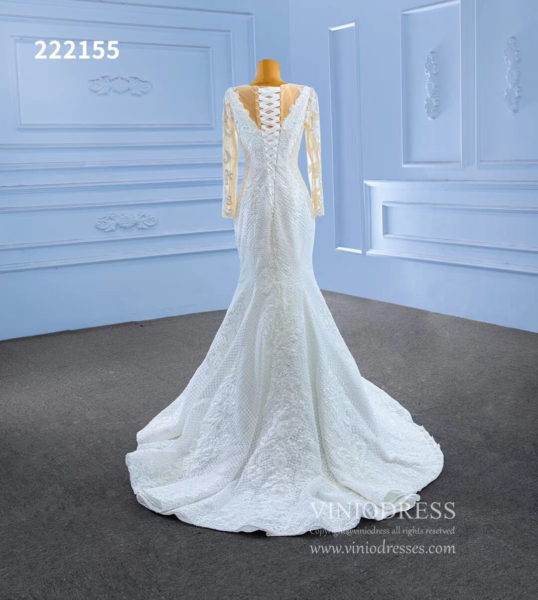Long Sleeve Lace Mermaid Wedding Dresses 222155-wedding dresses 2025 -Viniodress-Ivory-Custom Size-