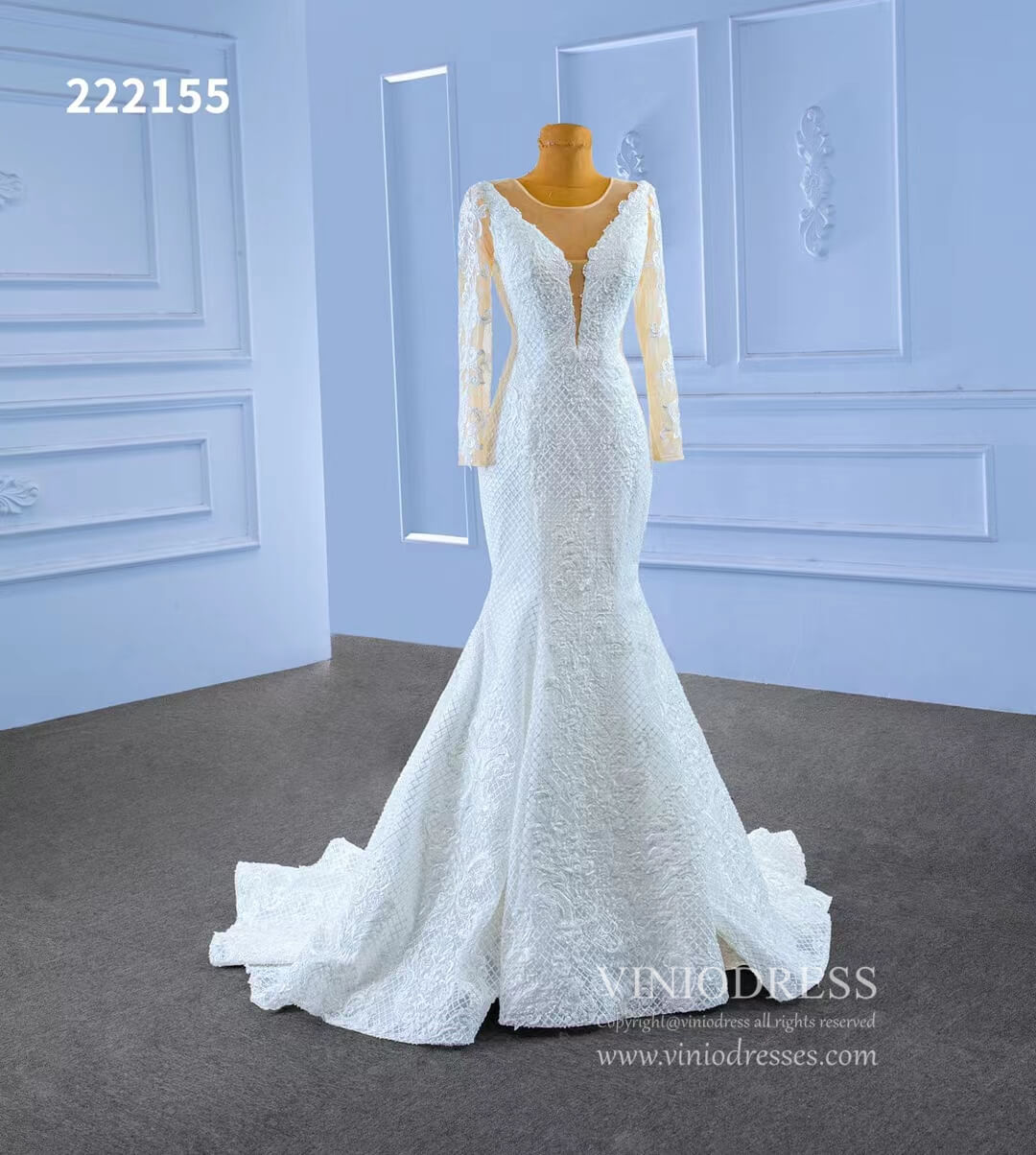 Long Sleeve Lace Mermaid Wedding Dresses 222155-wedding dresses 2025 -Viniodress-Ivory-Custom Size-