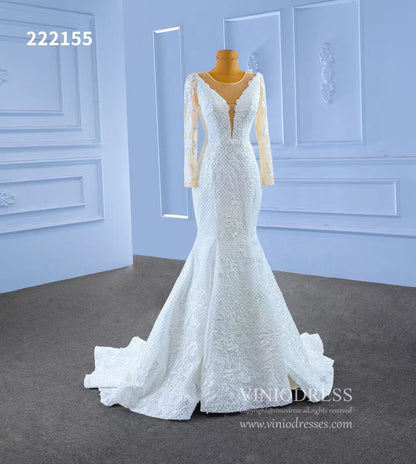 Long Sleeve Lace Mermaid Wedding Dresses 222155-wedding dresses 2025 -Viniodress-Ivory-Custom Size-