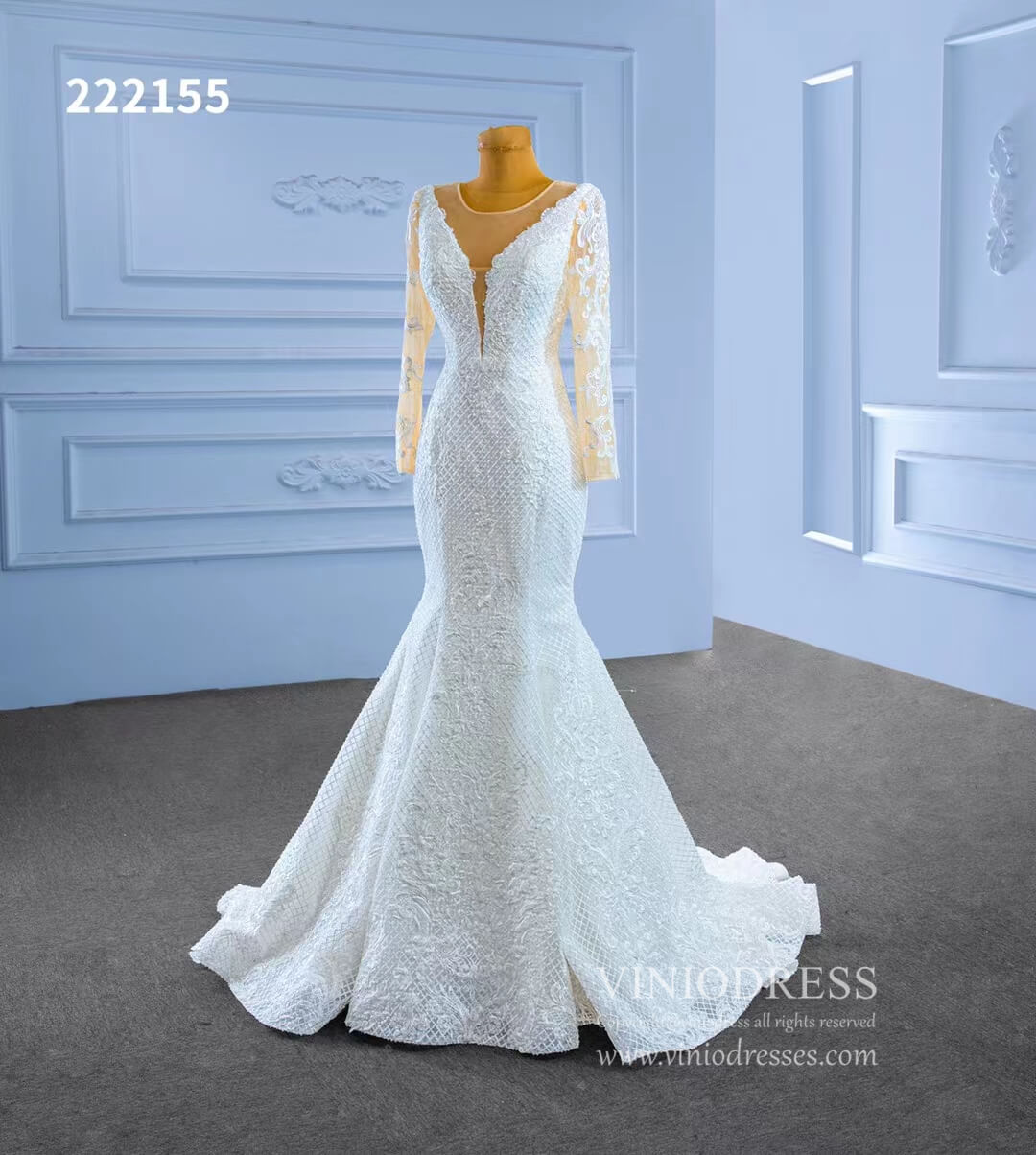 Long Sleeve Lace Mermaid Wedding Dresses 222155-wedding dresses 2025 -Viniodress-Ivory-Custom Size-