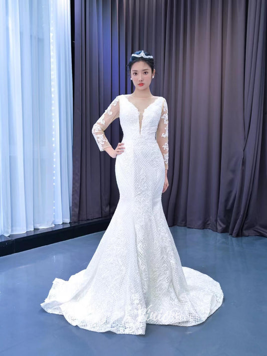 Long Sleeve Lace Mermaid Wedding Dresses 222155-wedding dresses 2025 -Viniodress-Ivory-Custom Size-