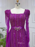 Long Sleeve Magenta Prom Dresses Purple Square Neck Evening Dress with Slit 20048-prom dresses-Viniodress-Viniodress