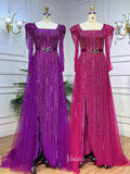 Long Sleeve Magenta Prom Dresses Purple Square Neck Evening Dress with Slit 20048