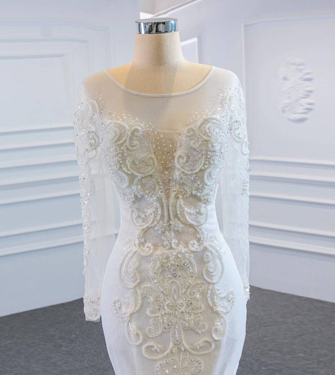 Long Sleeve Mermaid Lace Wedding Dresses Detachable Train VW1019-wedding dresses-Viniodress-Viniodress